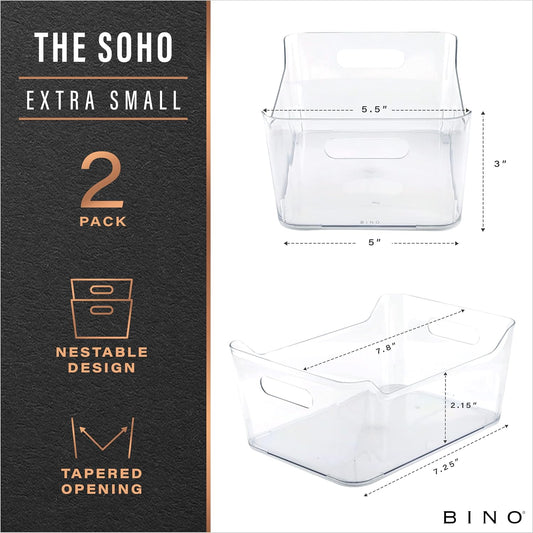 BINO | The SOHO Collection Plastic Storage Bins, X-Small - 2 Pack, Clear | Pantry and Fridge Organizer Containers, Kitchen Cabinet and Medicine Cabinet Bins