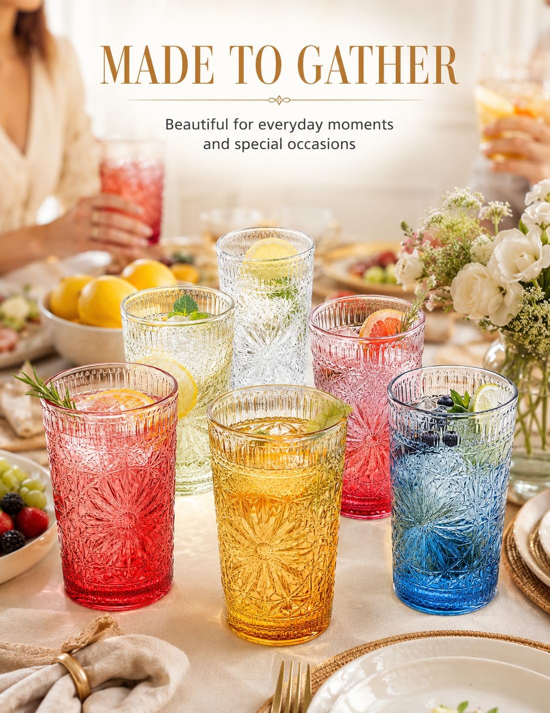 Drinking Glass Set of 6, 13oz Colored Glass Cup Glassware Set