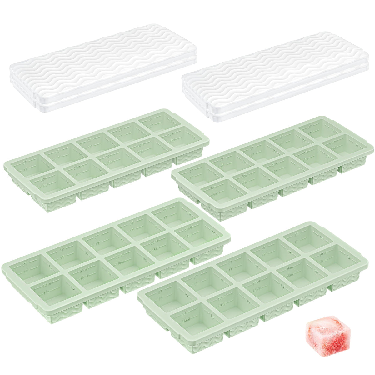 Ice Cube Tray with Lid (4-Pack), 2 Tbsp Large Silicone Freezer Molds, Perfect for Coffee Whiskey Cocktail Ice Making, Stackable Freezer Containers for Storing Sauce, Garlic, Herbs, Ginger