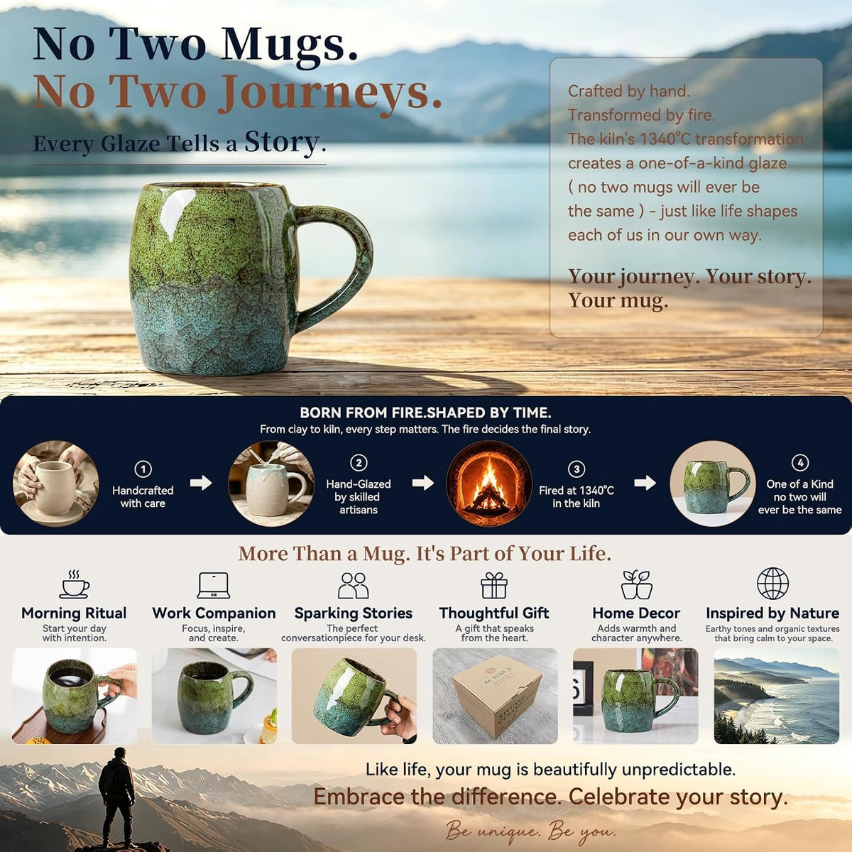 Forest Tide Ceramic Mug, 22oz Reactive Glaze Coffee Mug, Self Care Gift