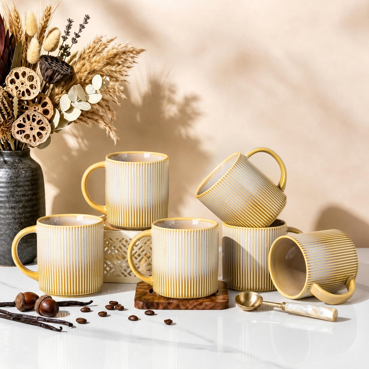 theterra Ceramic Coffee Mugs Set of 6, 12 oz Coffee Cups with Handle
