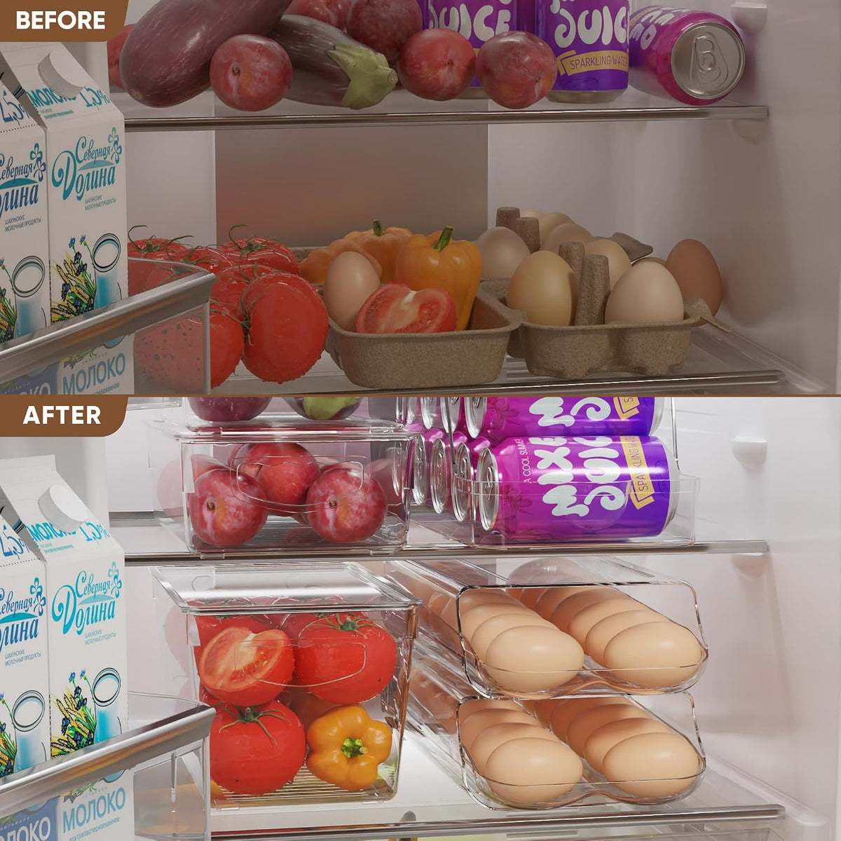 theaoo Egg Holder for Fridge, Automatic Rolling Egg Container, Clear, 2Pack
