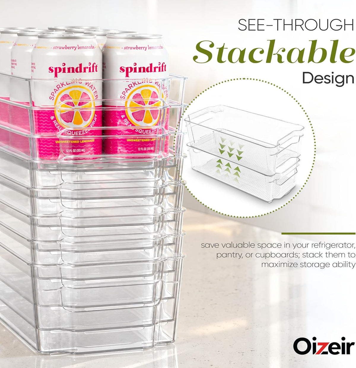 Oizeir 8 Pack Clear Plastic Storage Bins with Handles – Stackable Fridge Organizer Bins for Refrigerator, Freezer, Pantry, Kitchen Cabinet & Cupboard Organization, BPA-Free Acrylic, Transparent