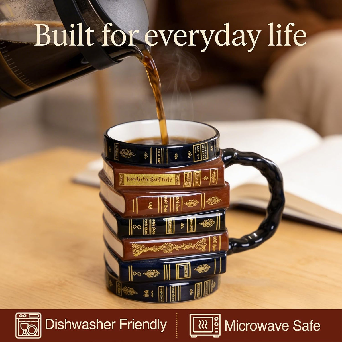 3D Book Mug – Stacked Books Mug, Book Lovers Gift for Readers & Librarians
