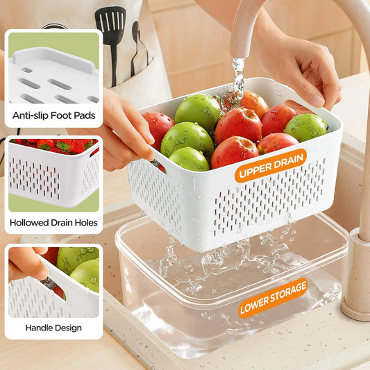 5-Pack Fruit Storage Containers for Fridge with Removable Colanders, 4 in 1 Produce Storage Containers with Lids, Leakproof Fridge Organizer Bins for Salad Berry Lettuce Vegetables Meat Keeper Fresh