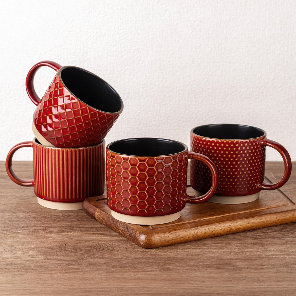 GBhome 12 OZ Stackable Coffee Mugs Set of 4, Ceramic Coffee Cups Set