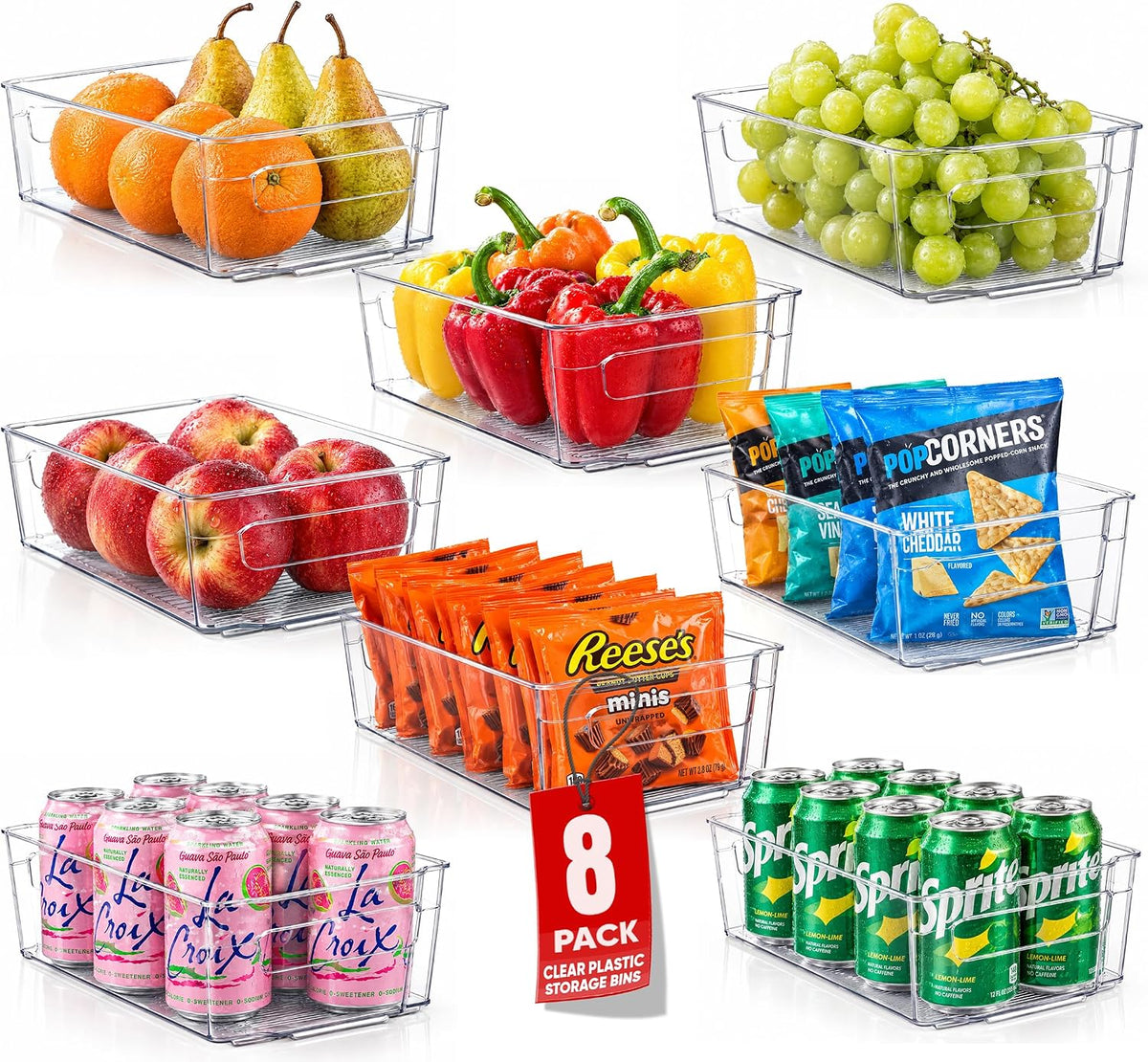 Oizeir 8 Pack Clear Plastic Storage Bins with Handles – Stackable Fridge Organizer Bins for Refrigerator, Freezer, Pantry, Kitchen Cabinet & Cupboard Organization, BPA-Free Acrylic, Transparent