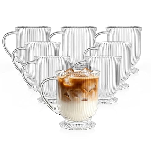 KEMORELA 16oz Ribbed Glass Coffee Mugs Set,Large Glass Mugs with Handle