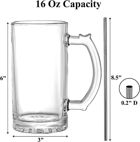 Okllen 8 Pack 16 Oz Glass Beer Mug with Handle, Heavy Large Glass Steins Beer Cups with Stainless Steel Straws, Heavy Base, Thick Drinking Glasses for Freezer, Bar, Cocktail, Alcohol, Beverages, Soda