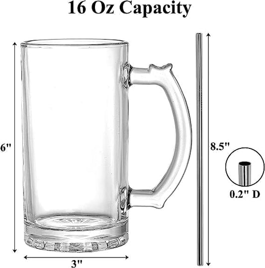 Okllen 8 Pack 16 Oz Glass Beer Mug with Handle, Heavy Large Glass Steins Beer Cups with Stainless Steel Straws, Heavy Base, Thick Drinking Glasses for Freezer, Bar, Cocktail, Alcohol, Beverages, Soda