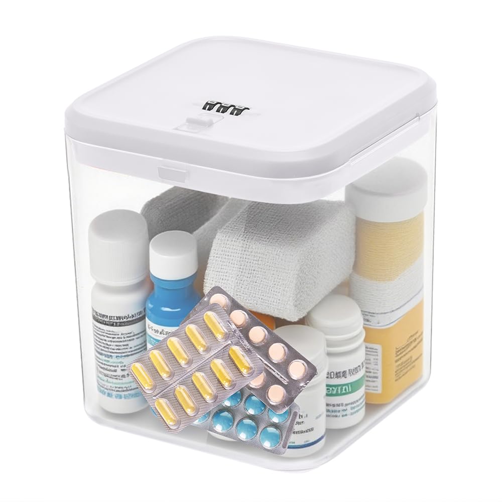 Large Medication Lock Box with Code, Clear Lockable Storage Box for Refrigerator, Cabinet & Dorm, Stackable Medicine Box for Prescriptions, Snacks, Phone, 11.9" x 9.3" x 7.6", White