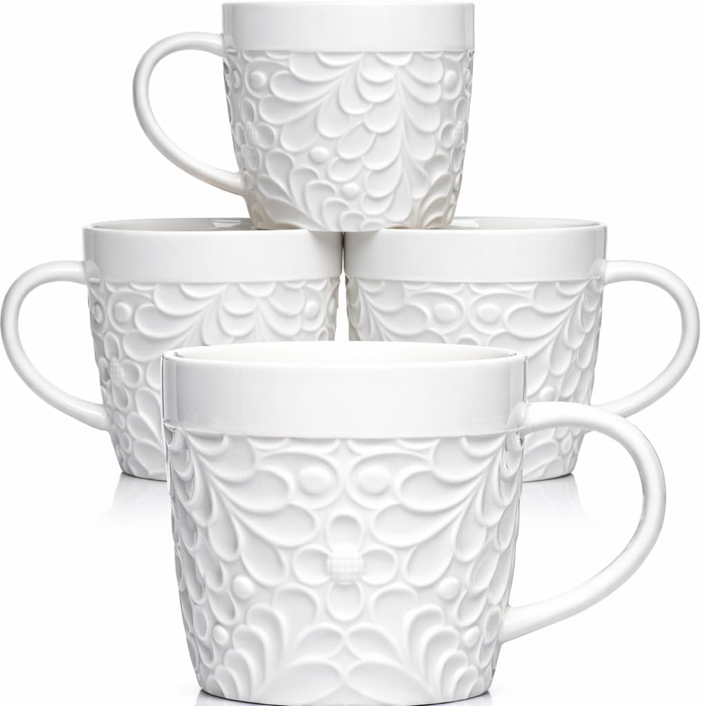 16 Oz Ceramic Coffee Mugs Set of 4, Rustic Embossed Nature Design, White