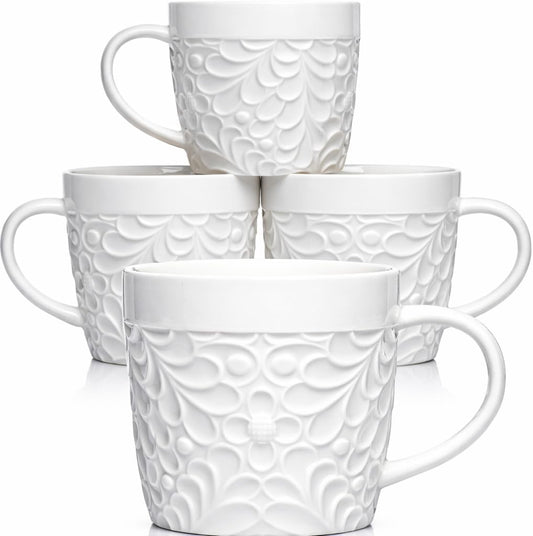 16 Oz Ceramic Coffee Mugs Set of 4, Rustic Embossed Nature Design, White