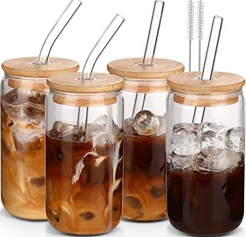 Iced Coffee Cups with Lids,Glass Cups with Lids and Straws,4 Coffee Tumbler