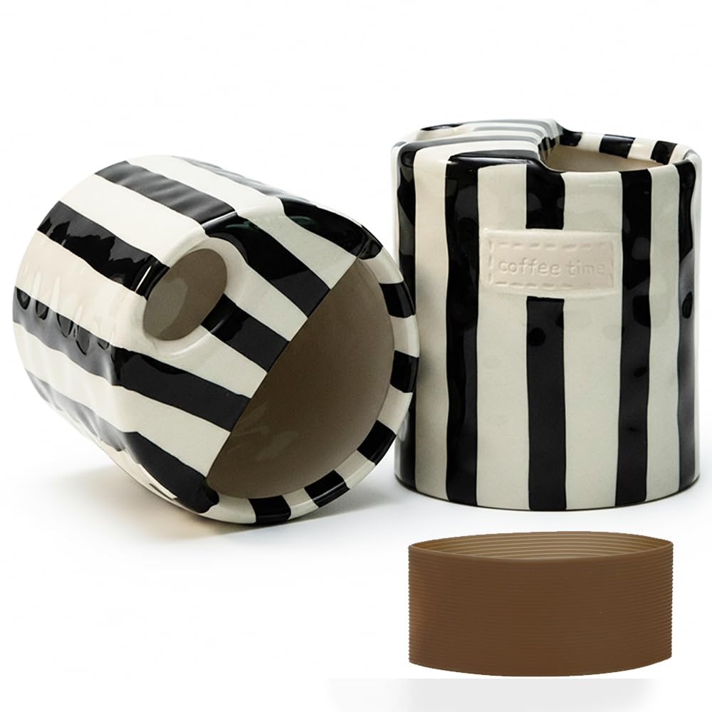 Ceramic Coffee Mug with Sip Hole, 12oz To Go Ceramic Mug Striped