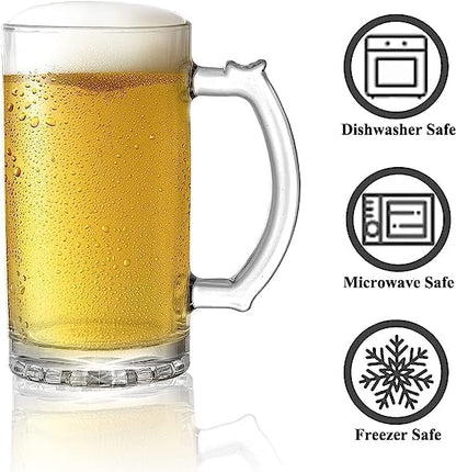 Okllen 8 Pack 16 Oz Glass Beer Mug with Handle, Heavy Large Glass Steins Beer Cups with Stainless Steel Straws, Heavy Base, Thick Drinking Glasses for Freezer, Bar, Cocktail, Alcohol, Beverages, Soda