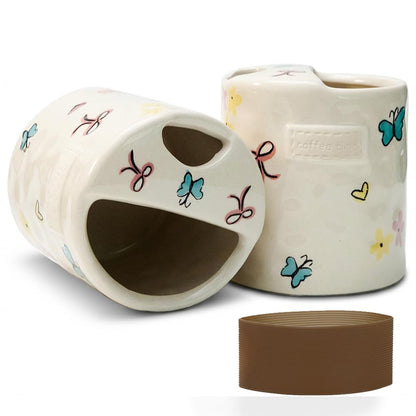 Ceramic Coffee Mug with Sip Hole, 12oz To Go Ceramic Mug Striped