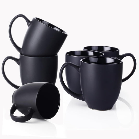 DOWAN Coffee Mugs, Black Coffee Mugs Set of 6, 16 oz Ceramic Coffee Cups with Large Handles for Men Women, Porcelain Big Mug for Tea Latte, Mug Gifts for Home Office Party