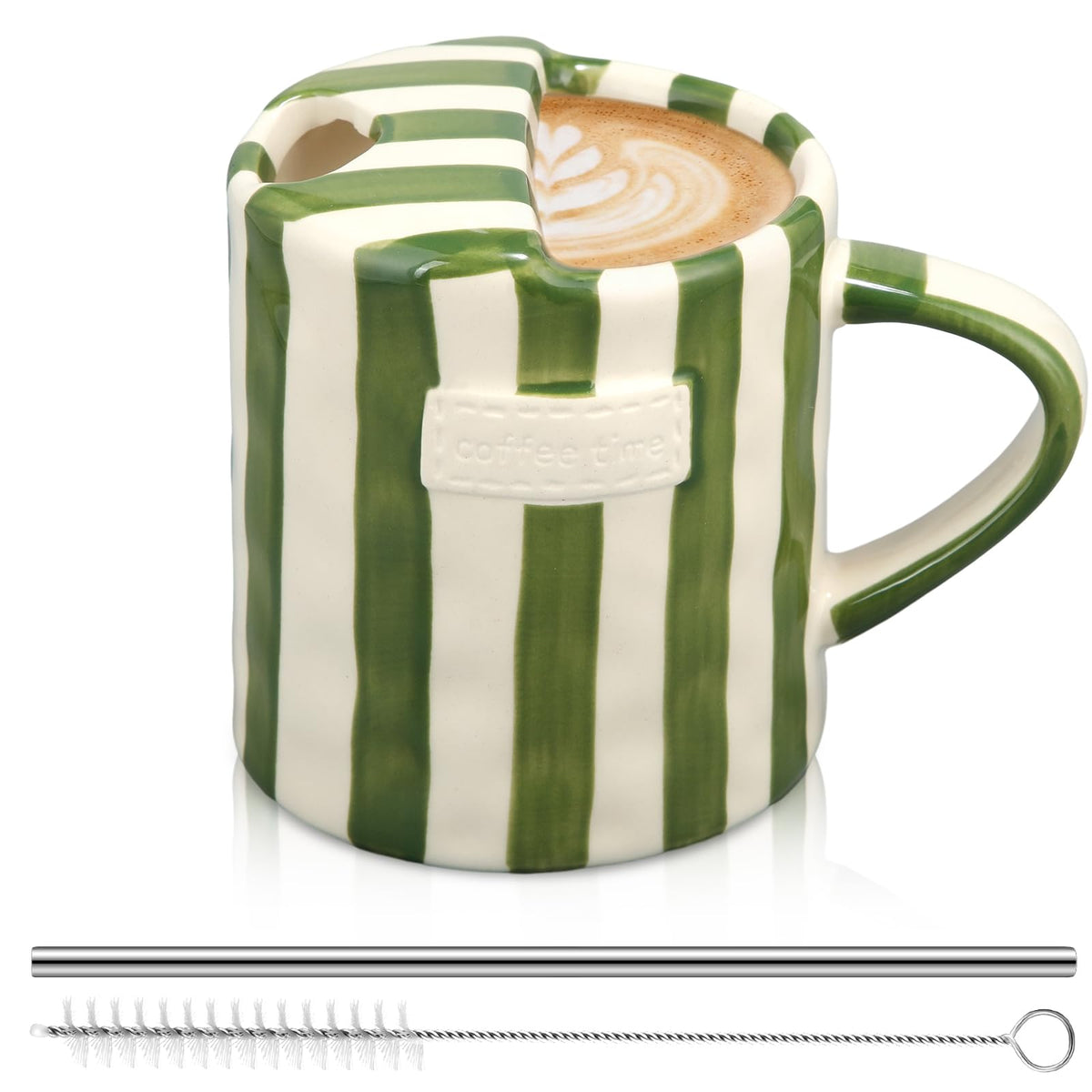 2 Pack Ceramic Coffee Mug with Sip Hole, Simple, Green, Brown