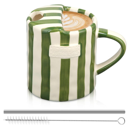 2 Pack Ceramic Coffee Mug with Sip Hole, Simple, Green, Brown