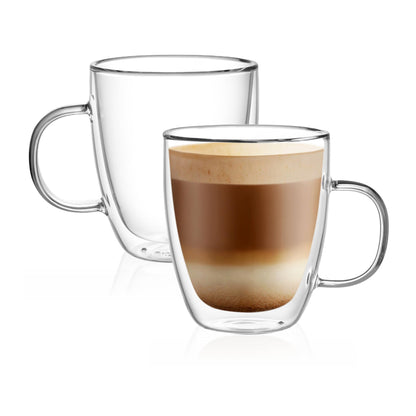 CNGLASS Glass Coffee Mugs 12oz,Double Walled Insulated Cappuccino Mug with Handle,Clear Espresso Cups for Cappuccino,Latte,Tea Bags,Hot and Cold Beverages,Set of 4