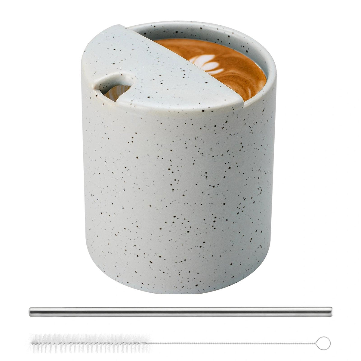 Ceramic Coffee 16oz Mug Hand-Painted Espresso Cup，with Sip Hole and Brush Retro Ceramic Travel Mug For Kitchen, Dining，Microwave Safe (Spotted cream)