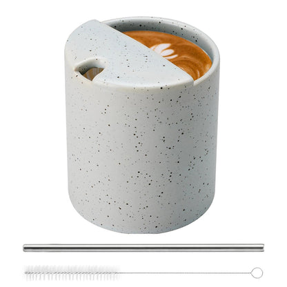 Ceramic Coffee 16oz Mug Hand-Painted Espresso Cup，with Sip Hole and Brush Retro Ceramic Travel Mug For Kitchen, Dining，Microwave Safe (Spotted cream)