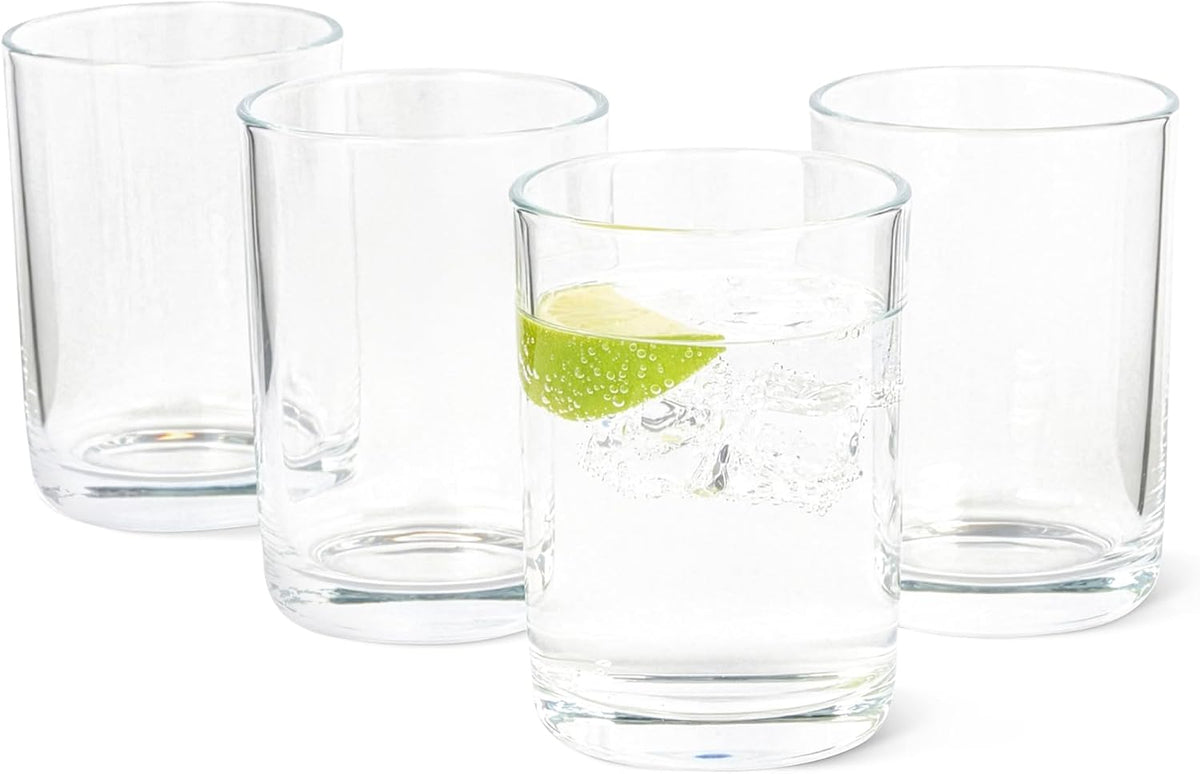 Amazon Basics Drinking Glasses, 11 oz., Sturdy Glass, Rounded for Comfortable Hold, Dishwasher-Safe, Round Shape, 4-Piece Set