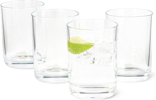 Amazon Basics Drinking Glasses, 11 oz., Sturdy Glass, Rounded for Comfortable Hold, Dishwasher-Safe, Round Shape, 4-Piece Set