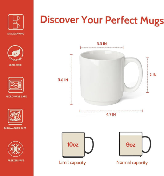 Sweese 10 Oz Stackable White Coffee Mug, Porcelain Coffee Mugs Sets of 6, Coffee Cups with Handle for Specialty Coffee Drinks, Cappuccino, Cafe Mocha, Latte and Tea, White