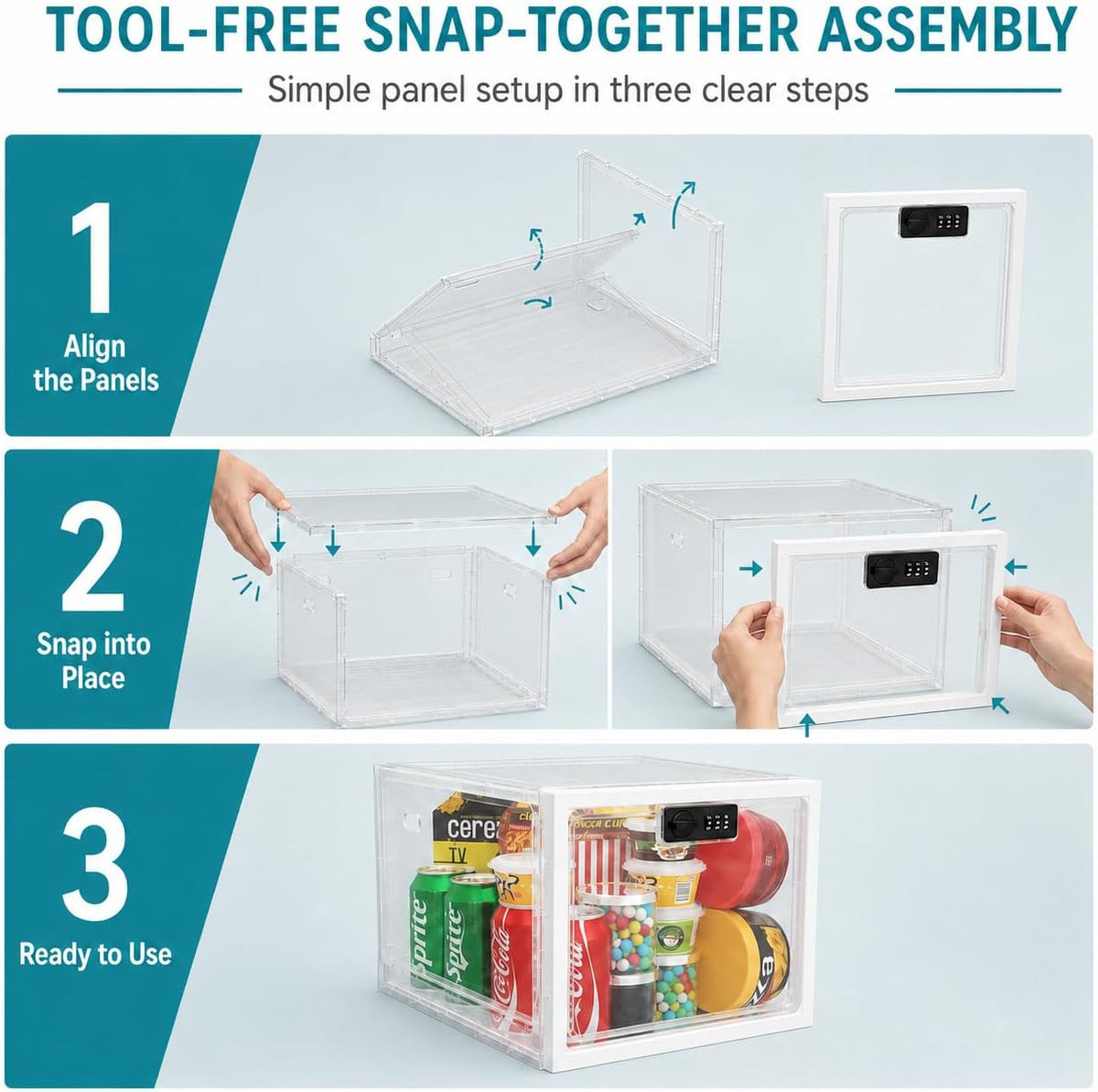 Large Medication Lock Box with Code, Clear Lockable Storage Box for Refrigerator, Cabinet & Dorm, Stackable Medicine Box for Prescriptions, Snacks, Phone, 11.9" x 9.3" x 7.6", White
