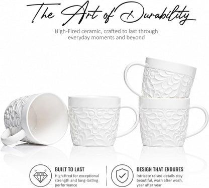 16 Oz Ceramic Coffee Mugs Set of 4, Rustic Embossed Nature Design, White