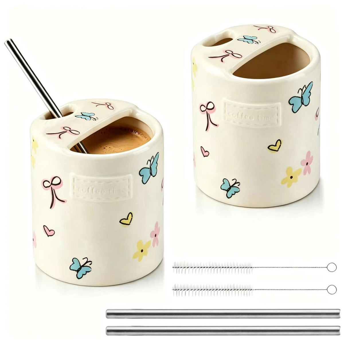 Ceramic Coffee 16oz Mug Hand-Painted Espresso Cup，with Sip Hole and Brush Retro Ceramic Travel Mug For Kitchen, Dining，Microwave Safe (Spotted cream)