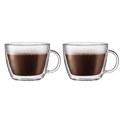 Bodum 10oz Bistro Double Wall Insulated Mug, High-Heat Borosilicate Glass, Set of 2, Clear
