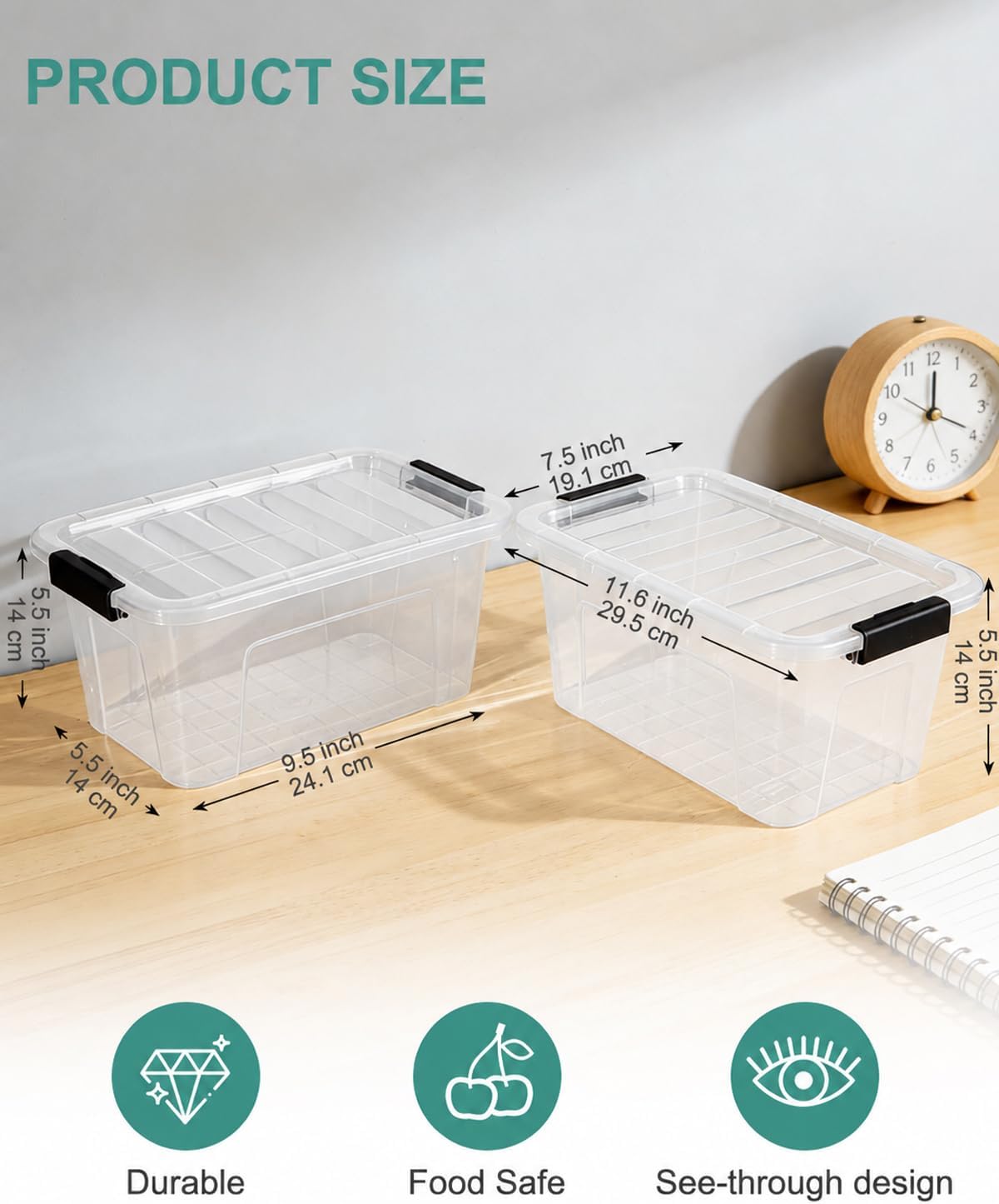 EOENVIVS Plastic Storage Bins with Lids 6 Pack, 6.7 Quart Storage Containers With Black Buckle Latch, Stackable Storage Organizers for Home Pantry Office Classroom Organization, Clear