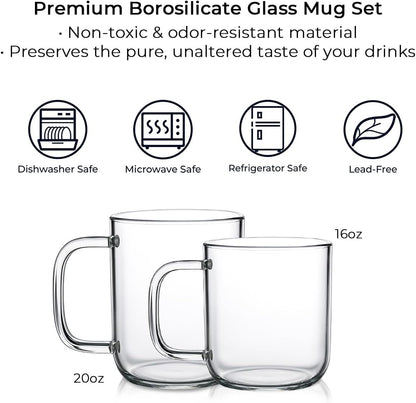 Aquach 16oz Glass Coffee Mugs Set of 2, Large Clear Borosilicate Cups