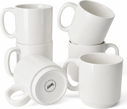Sweese 10 Oz Stackable White Coffee Mug, Porcelain Coffee Mugs Sets of 6, Coffee Cups with Handle for Specialty Coffee Drinks, Cappuccino, Cafe Mocha, Latte and Tea, White
