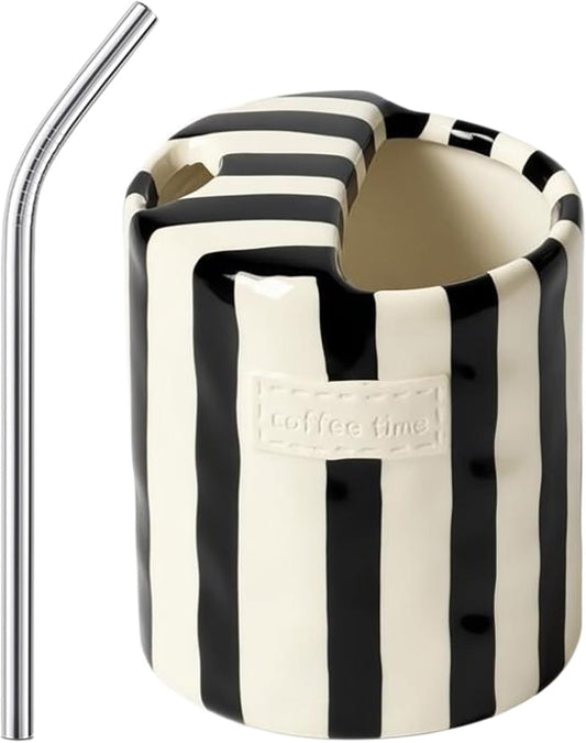 Ceramic Coffee Mugs 10 oz Retro Striped Coffee Mug No Handle with Straw