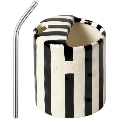 Ceramic Coffee Mugs 10 oz Retro Striped Coffee Mug No Handle with Straw