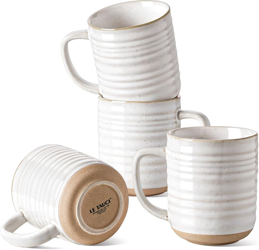 LE TAUCI Ceramic Coffee Mugs Set of 4, 15 oz, Farmhouse Style, Arctic White