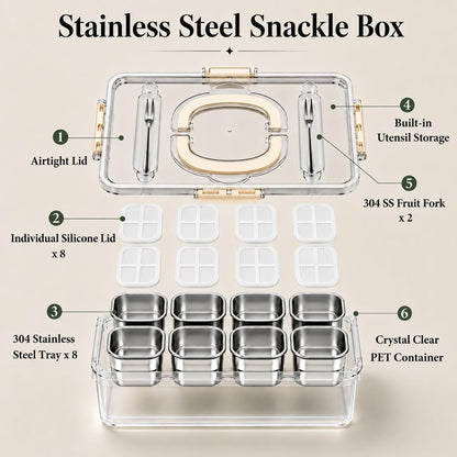 Stainless Steel Snackle Box, 8 Removable Snack Containers with Lids
