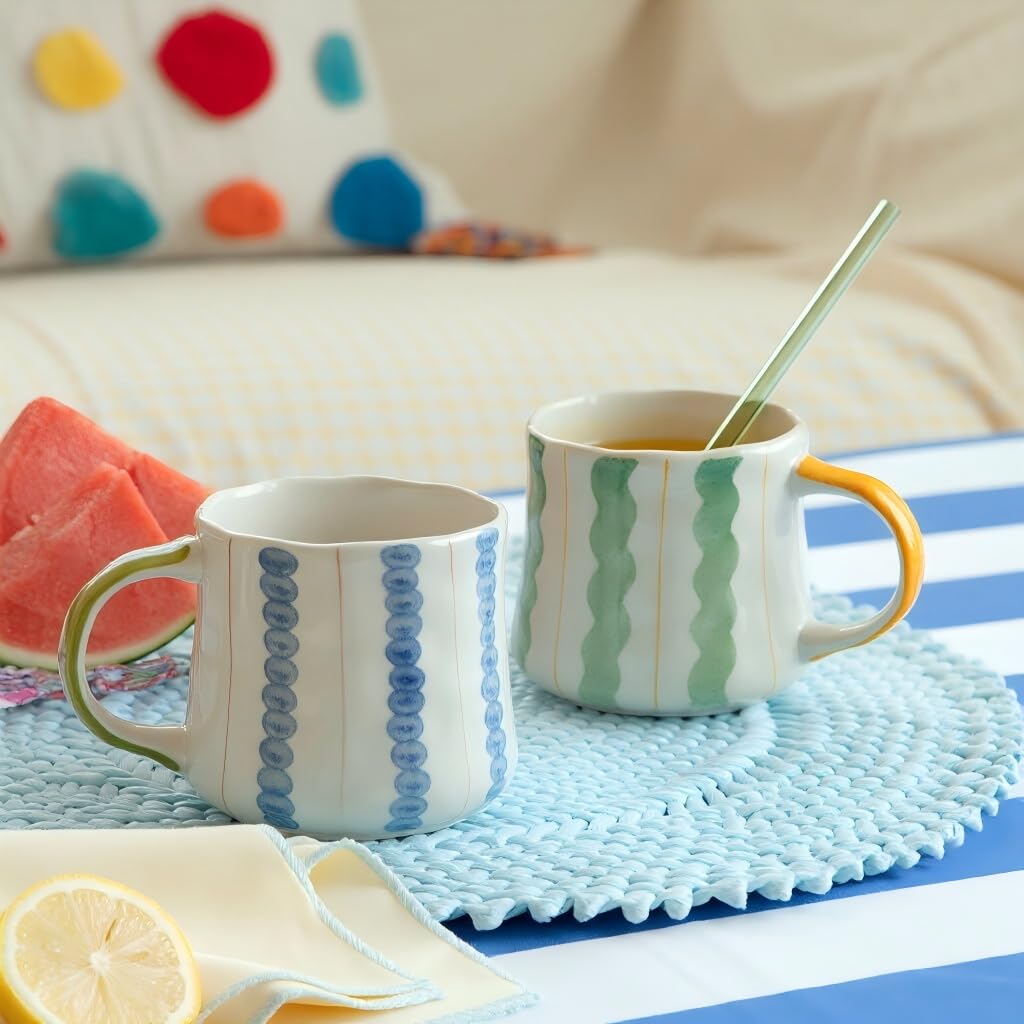 Hand-Painted Ceramic Coffee Mugs Set of 4 – 16oz Large Capacity Artistic Tea Cups with Checkerboard & Striped Patterns, Microwave & Dishwasher Safe for Home, Office, Kitchen (Summer Vibes Collection)