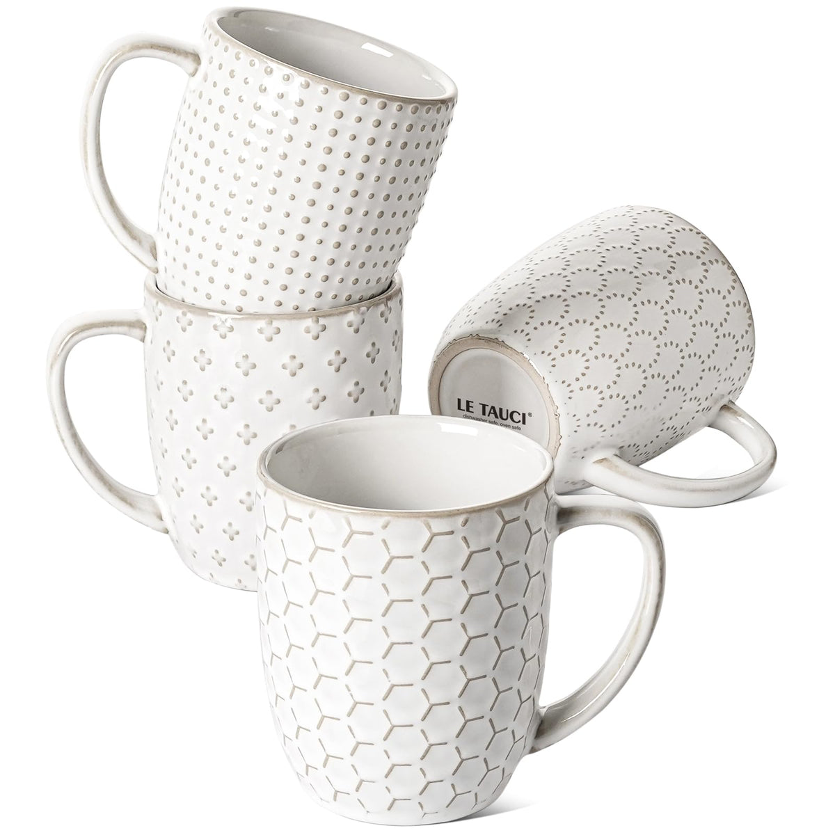 LE TAUCI Ceramic Coffee Mugs Set of 4, 16 oz, Embossed, Arctic White