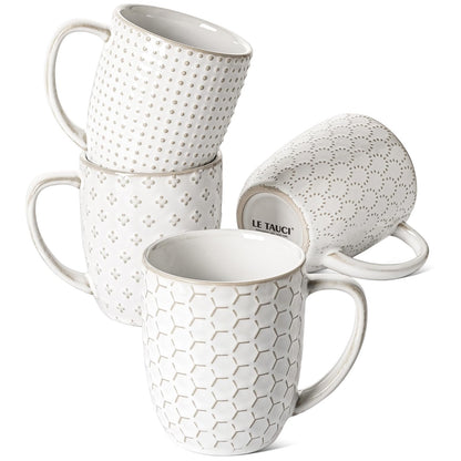 LE TAUCI Ceramic Coffee Mugs Set of 4, 16 oz, Embossed, Arctic White