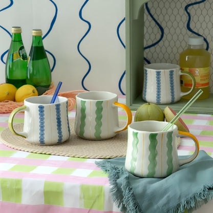 Hand-Painted Ceramic Coffee Mugs Set of 4 – 16oz Large Capacity Artistic Tea Cups with Checkerboard & Striped Patterns, Microwave & Dishwasher Safe for Home, Office, Kitchen (Summer Vibes Collection)
