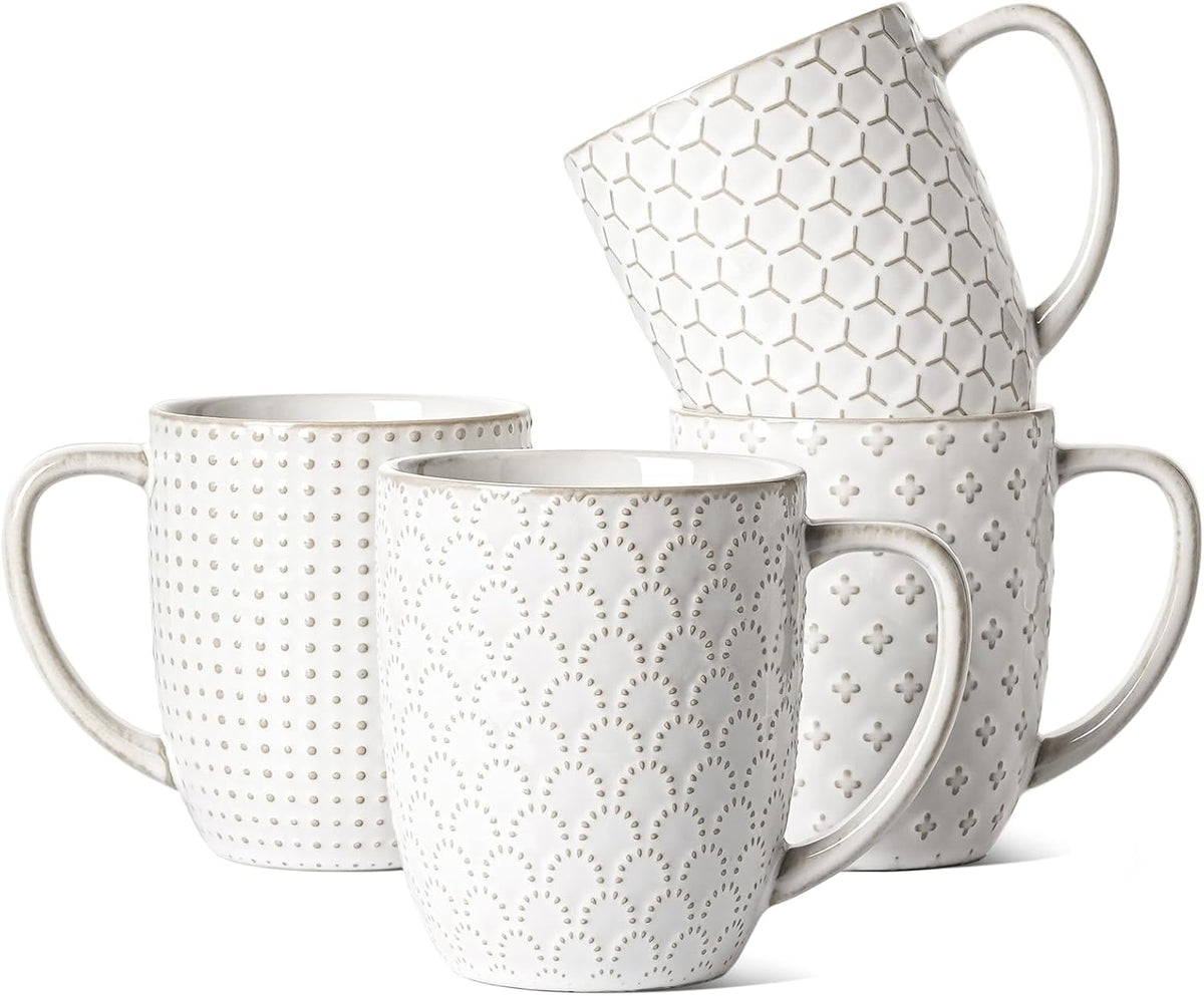 LE TAUCI Ceramic Coffee Mugs Set of 4, 16 oz, Embossed, Arctic White