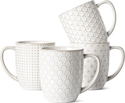 LE TAUCI Ceramic Coffee Mugs Set of 4, 16 oz, Embossed, Arctic White