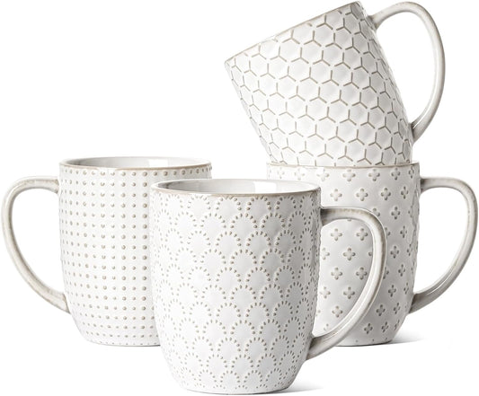 LE TAUCI Ceramic Coffee Mugs Set of 4, 16 oz, Embossed, Arctic White