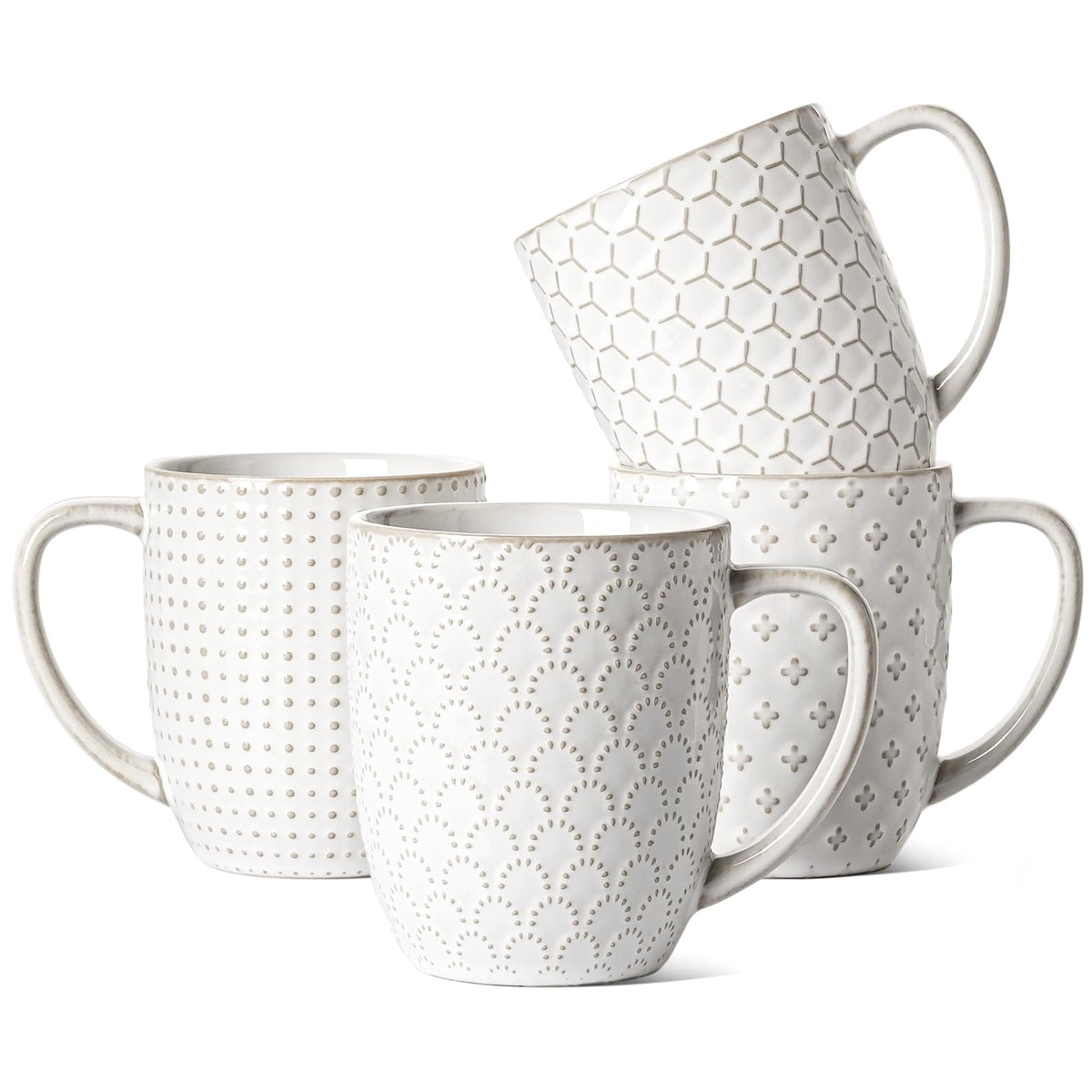 LE TAUCI Ceramic Coffee Mugs Set of 4, 16 oz, Embossed, Arctic White