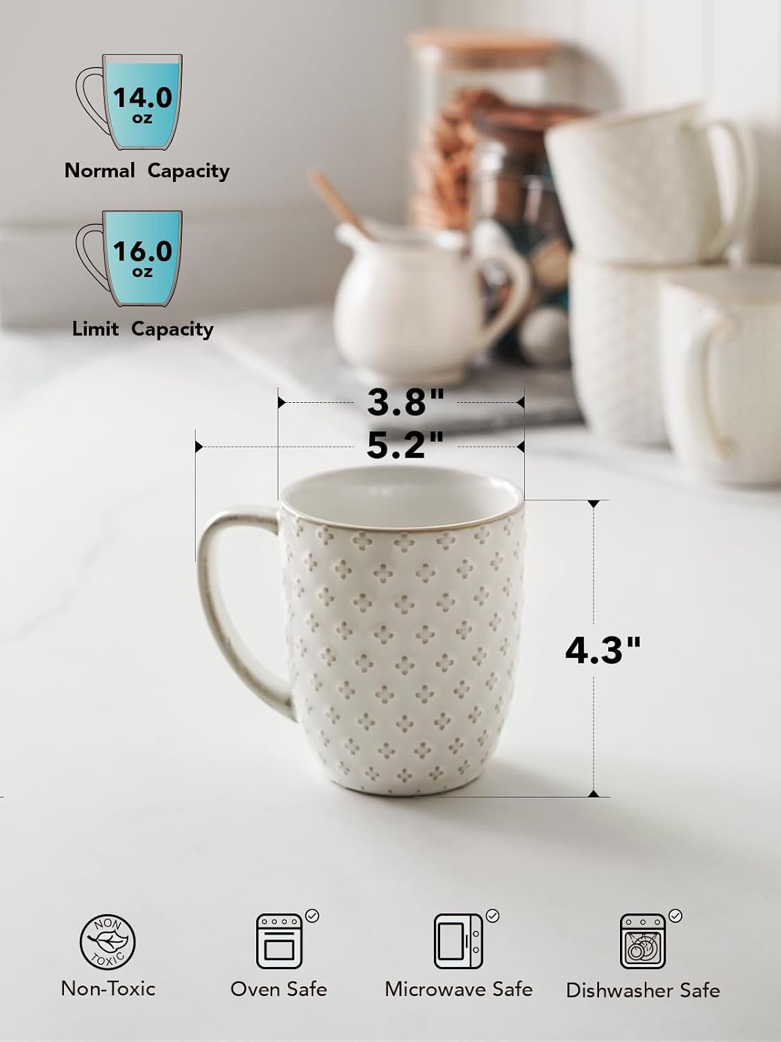 LE TAUCI Ceramic Coffee Mugs Set of 4, 16 oz, Embossed, Arctic White